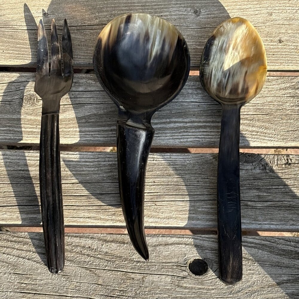 Vintage Hand Carved Horn Spoons Fork Lot of 3 Large Ladle Bovine Horn Canada